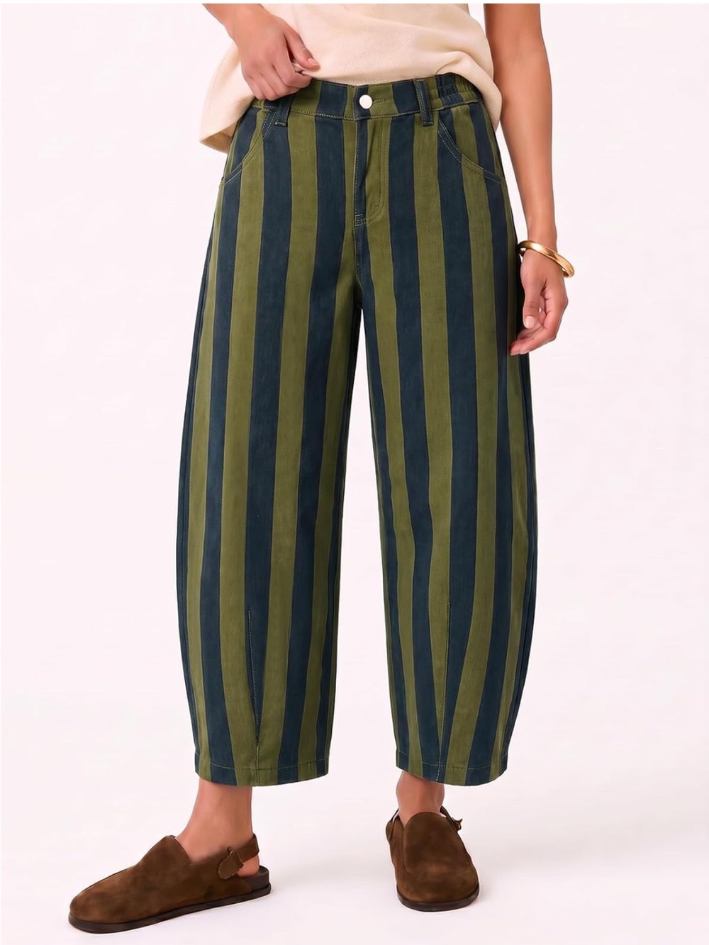 Striped Barrel-Leg Cotton Pants in Olive & Navy